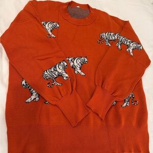 Women's Orange Sweater with Tiger Pattern